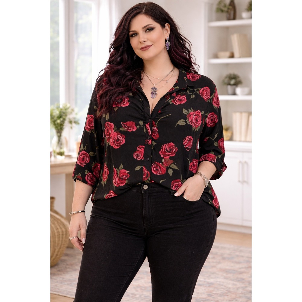 Boho Whimsigoth Torrid Harper Roses Black Pink Floral Long Sleeve 3X Tunic Top